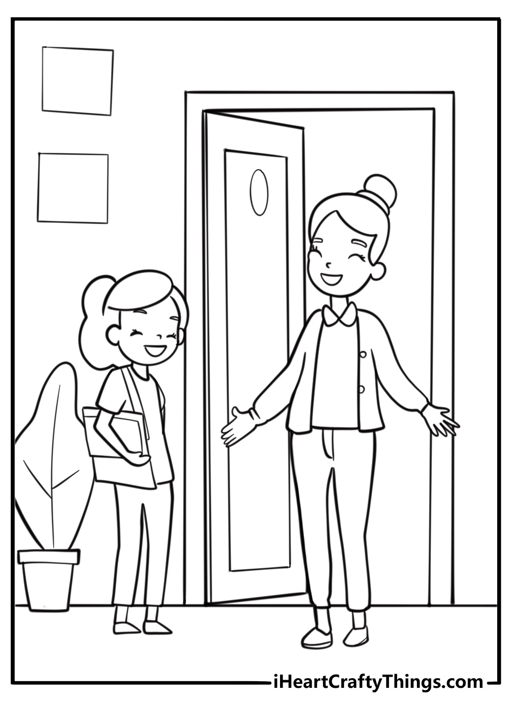 Teacher welcoming student to class free coloring page pdf