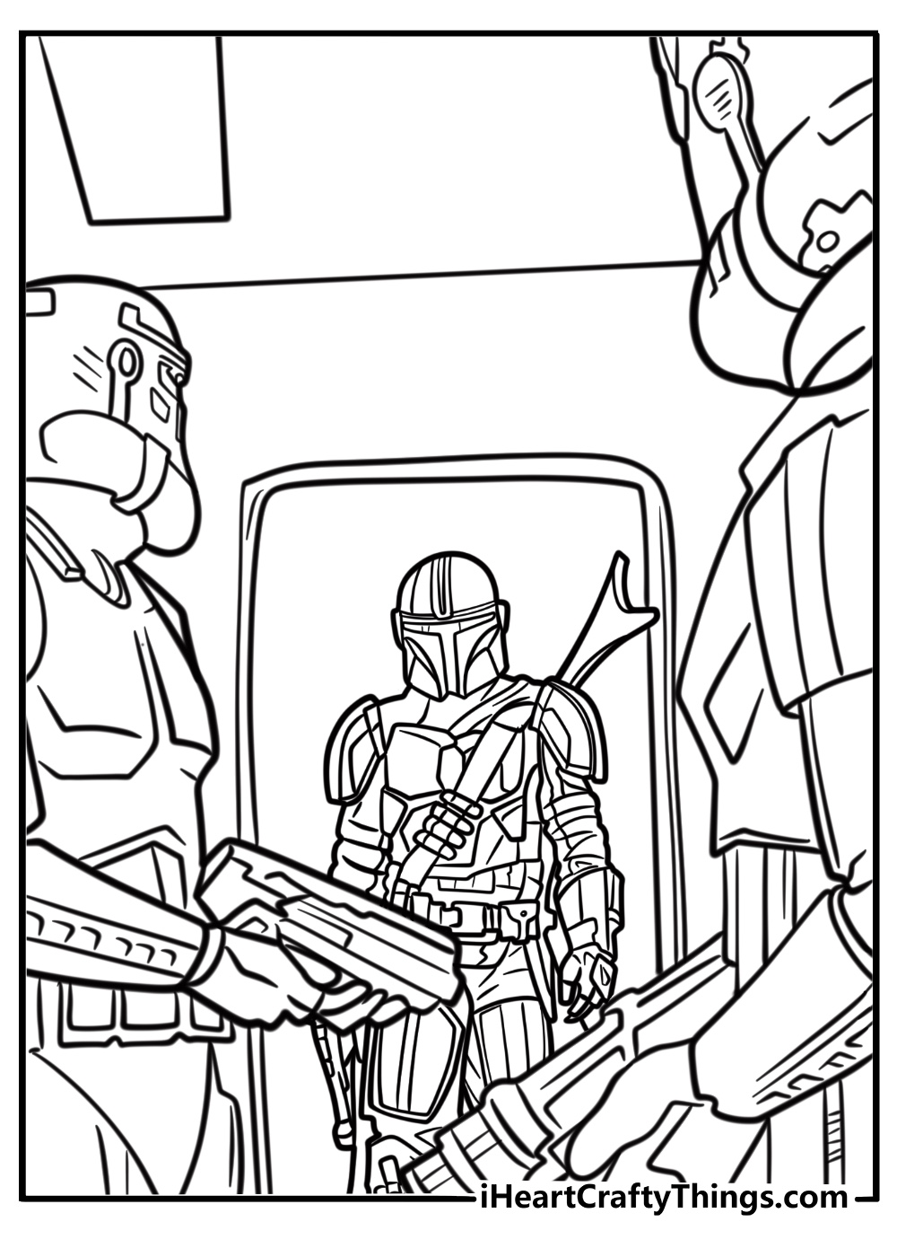 The mandalorian facing off with enemies fun coloring sheet