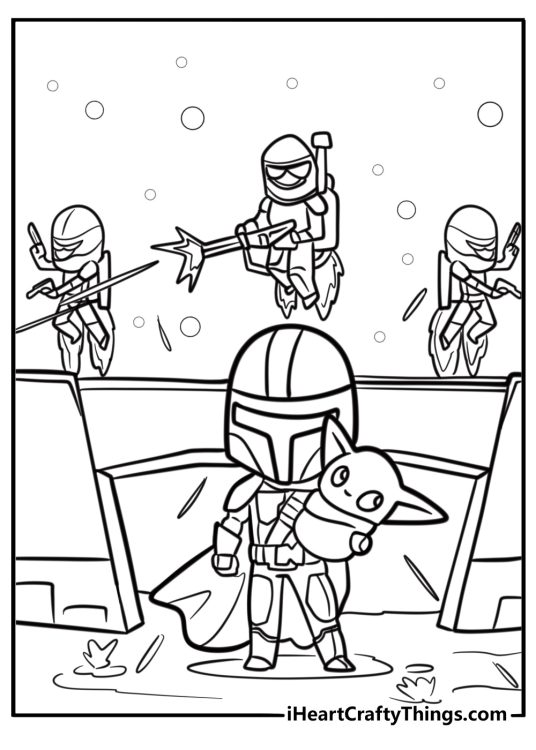 The mandalorian surrounded by enemies free coloring page