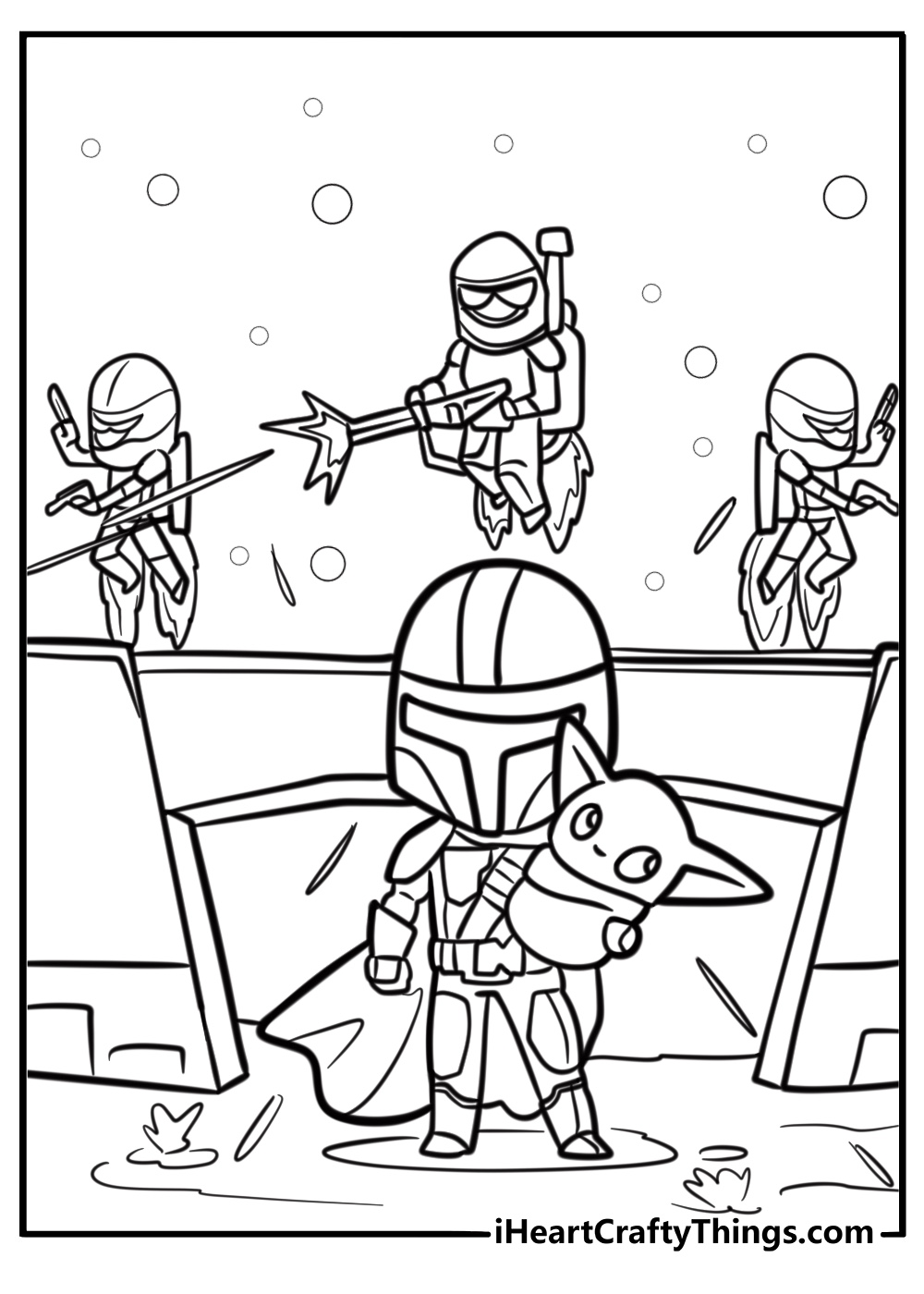 The mandalorian surrounded by enemies free coloring page