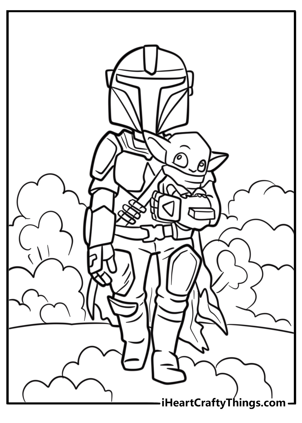 The mandalorian walking through a dusty village coloring sheet