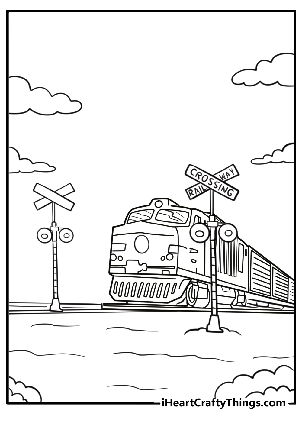 Train and signal lights on a railway crossing detailed coloring sheet