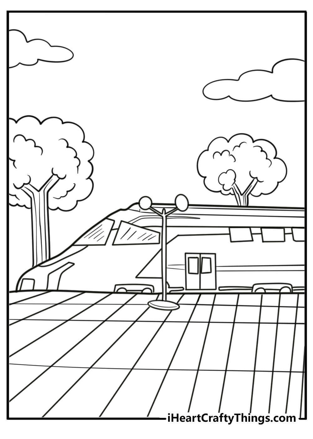 Train at a rural station fun coloring sheet for kids