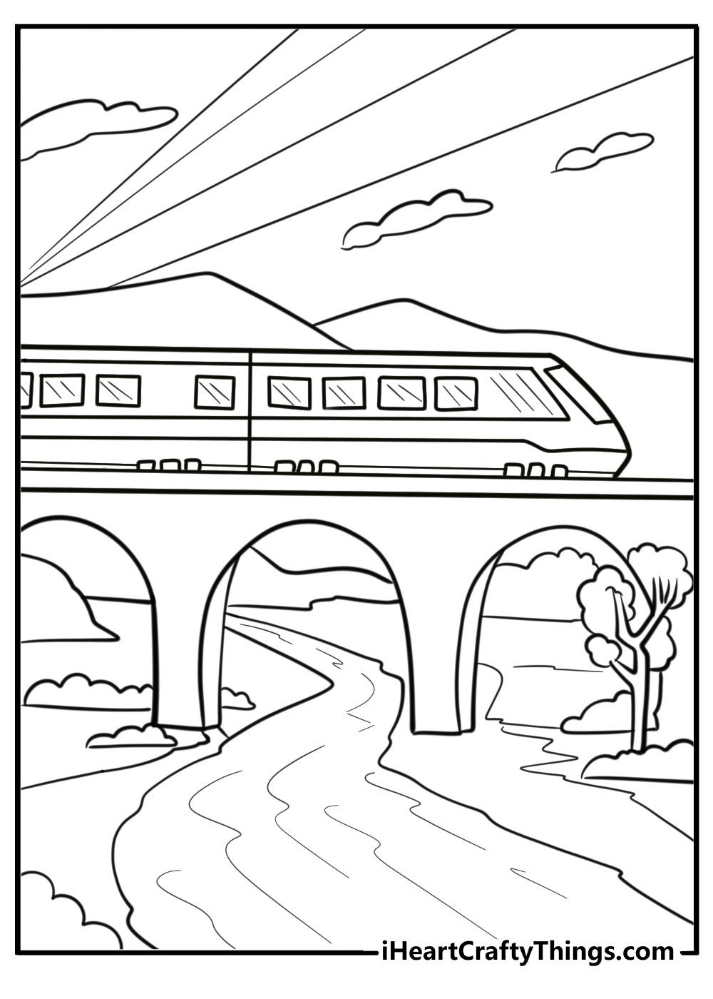 Train bridge over a river free coloring page pdf