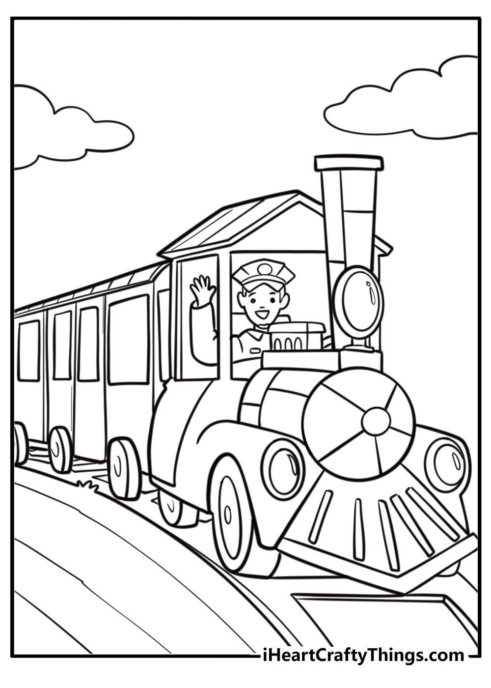 Train conductor waving from the engine fun coloring sheet