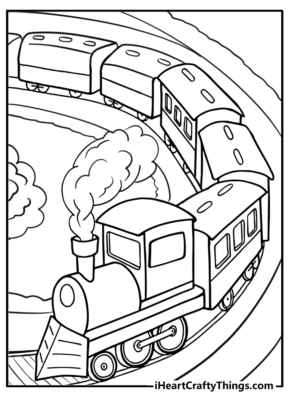 Train crossing a countryside scene coloring page for kids