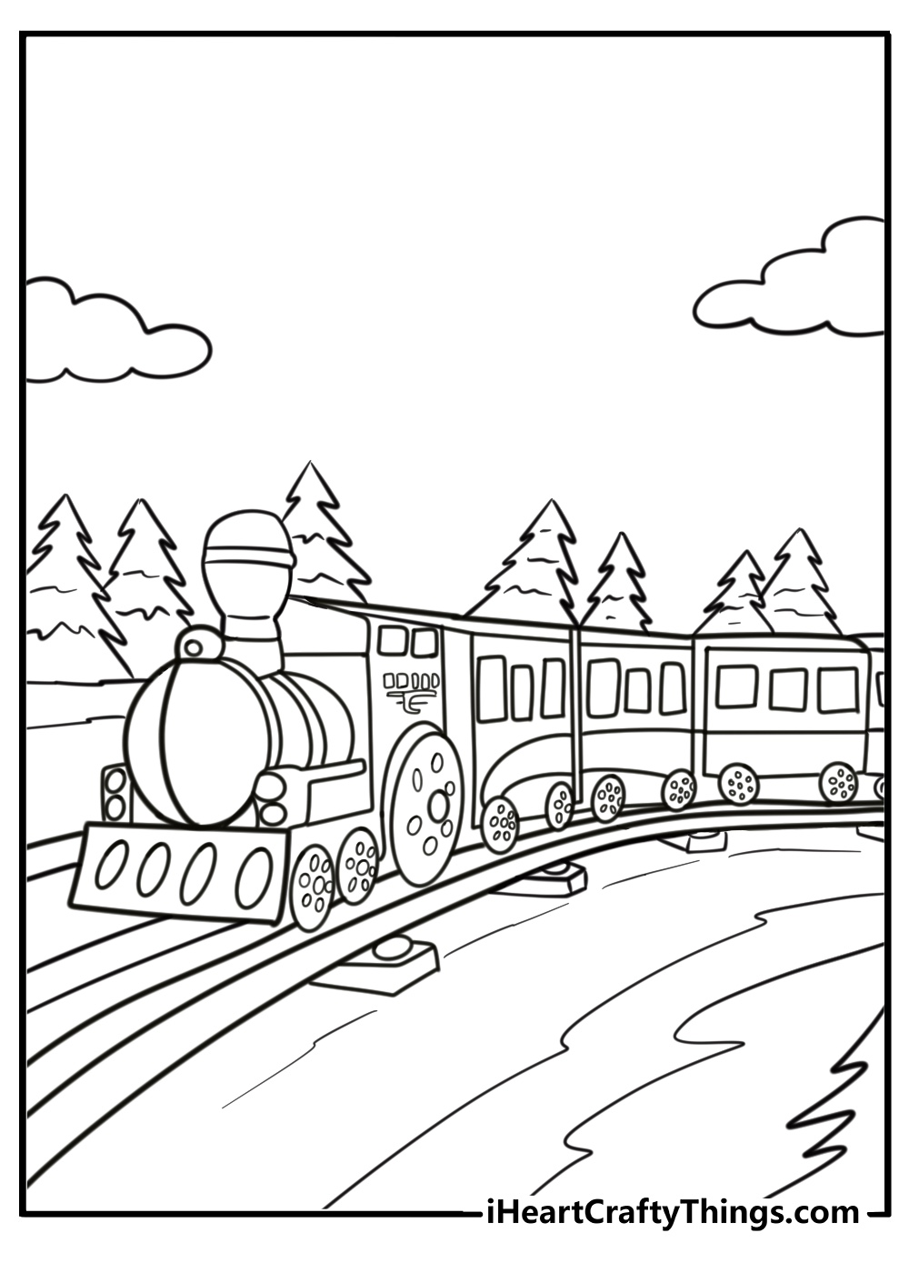 Train engine pulling multiple cars fun coloring sheet