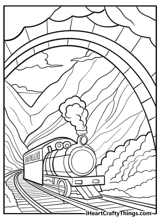 Train going through a mountain tunnel free coloring page pdf