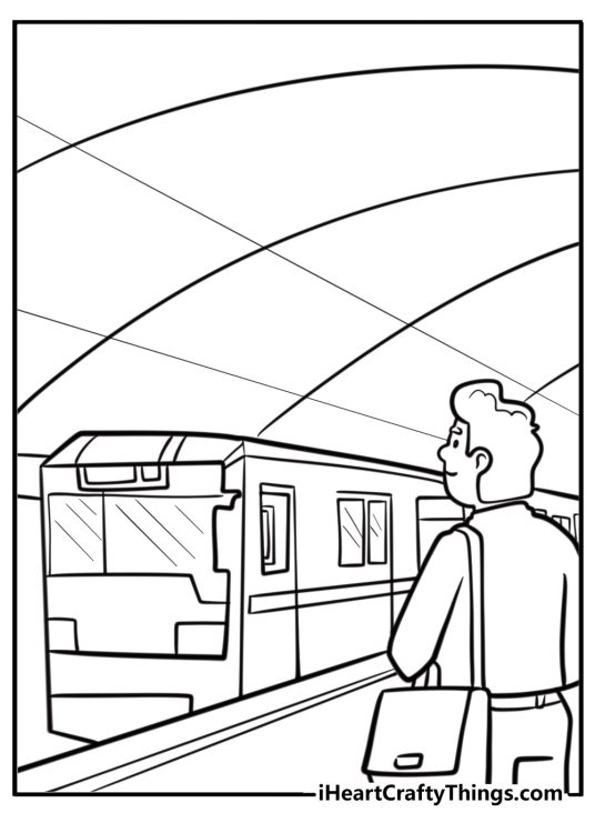 Train station with waiting passengers detailed coloring sheet
