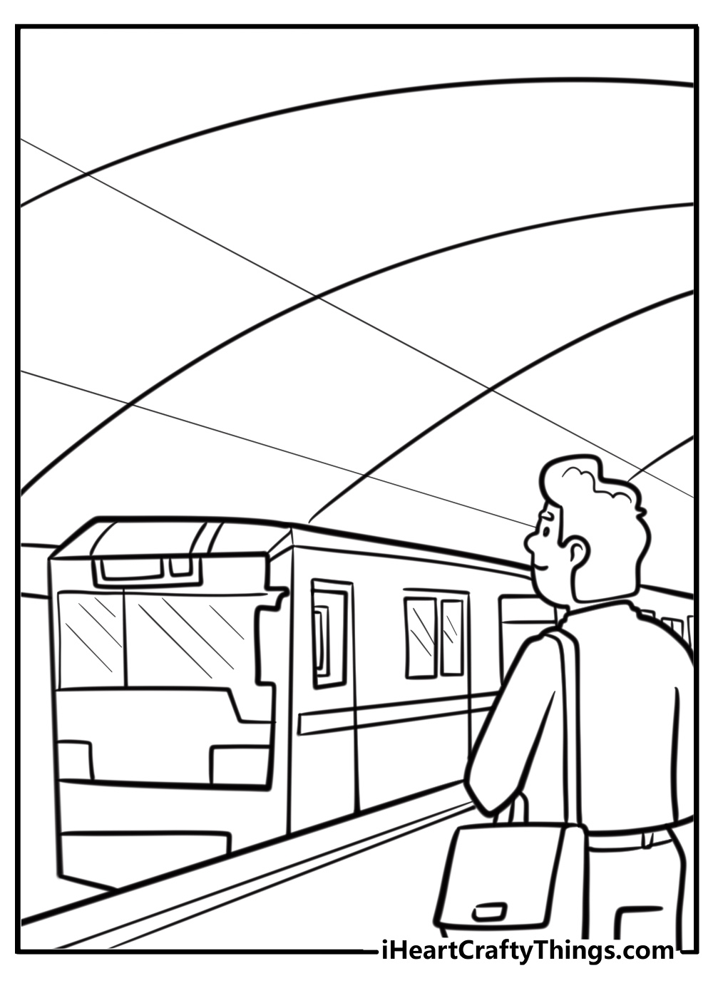 Train station with waiting passengers detailed coloring sheet