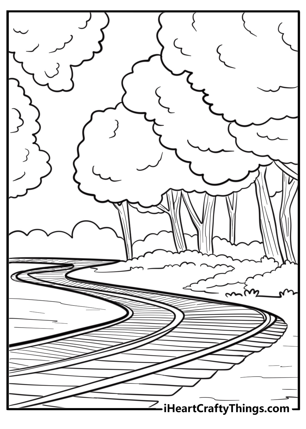 Train tracks winding through a forest detailed coloring sheet