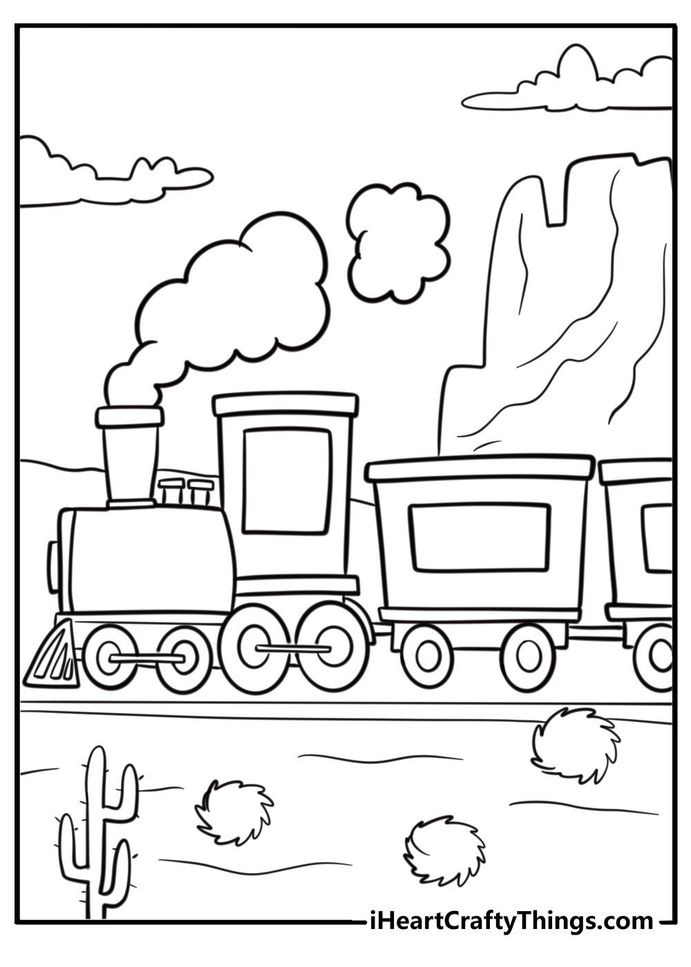 Train traveling through a desert printable coloring page