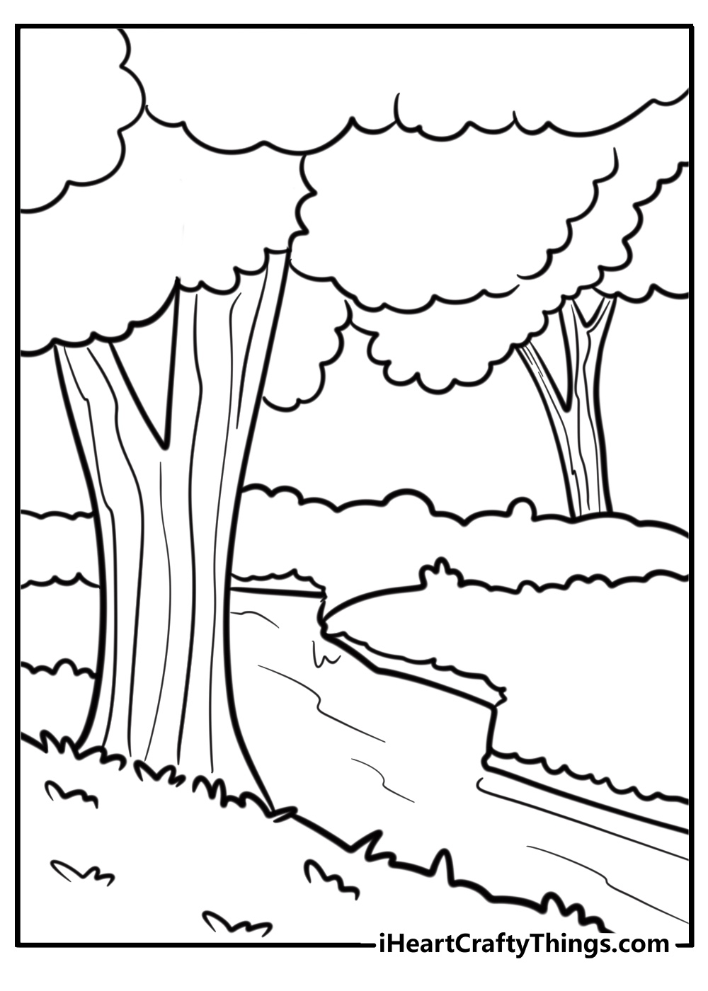 Tree by a small stream in the forest coloring page