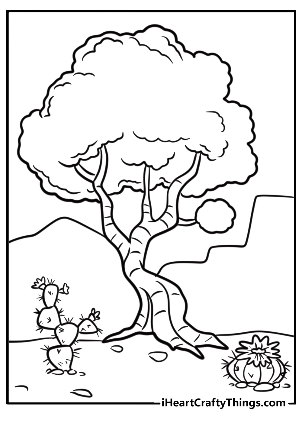 Tree in a desert with cacti nearby printable coloring sheet