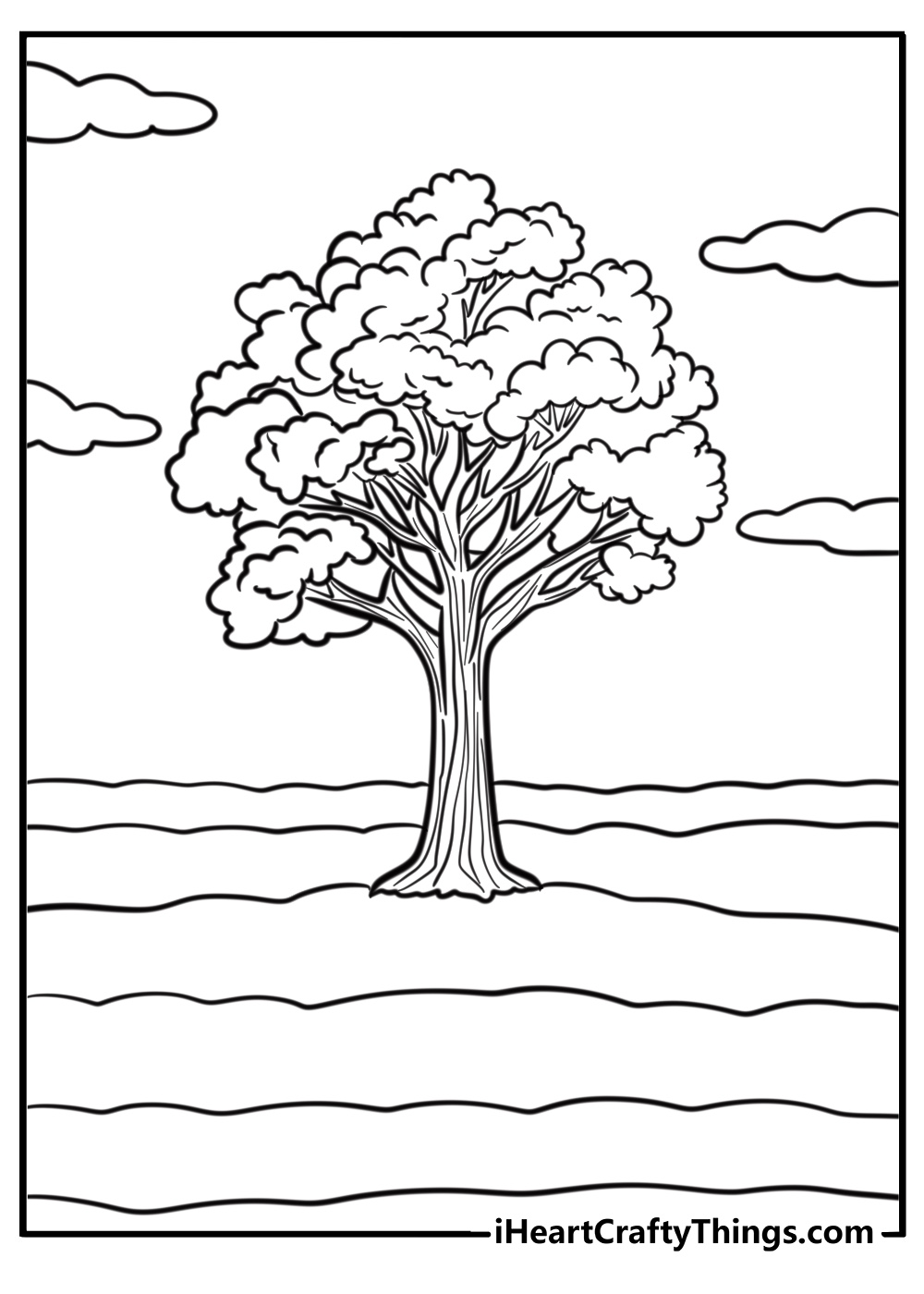 Tree in a field with clouds in the background coloring page