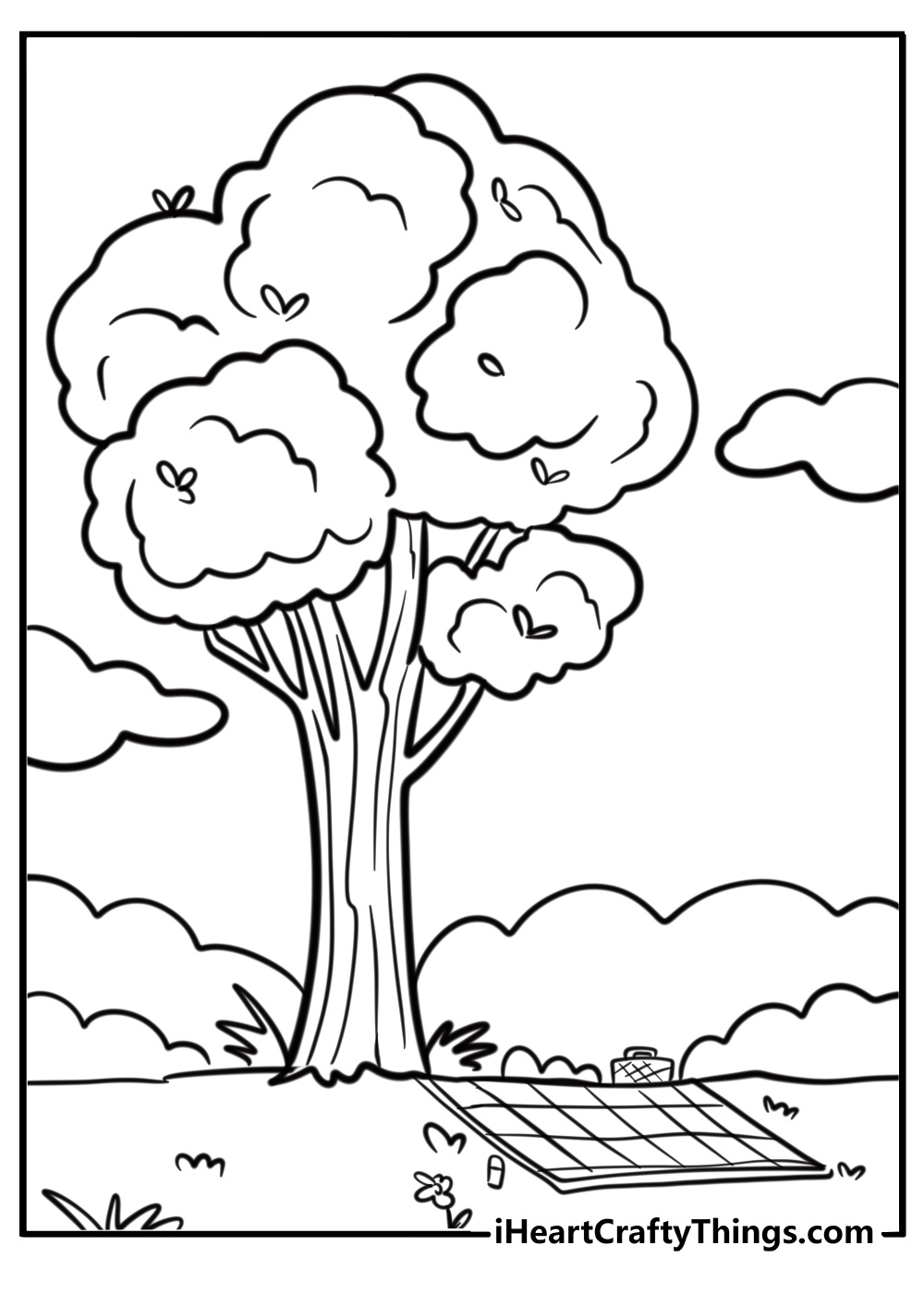 Tree in a park with a picnic blanket underneath coloring sheet