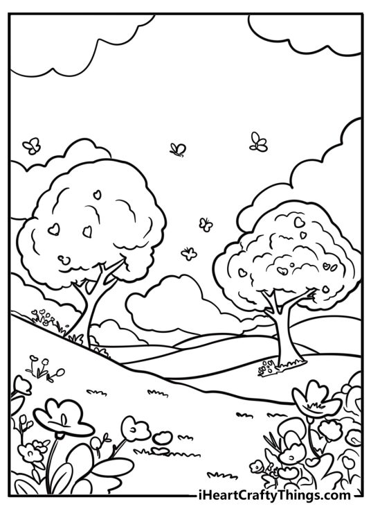 Tree in a sunny meadow detailed coloring sheet