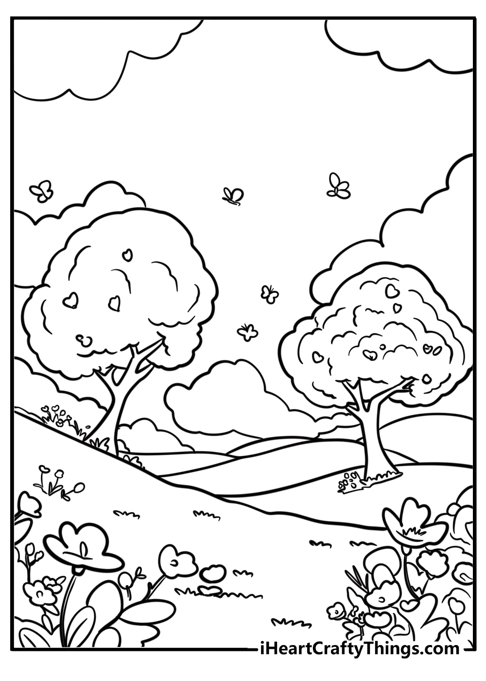 Tree in a sunny meadow detailed coloring sheet