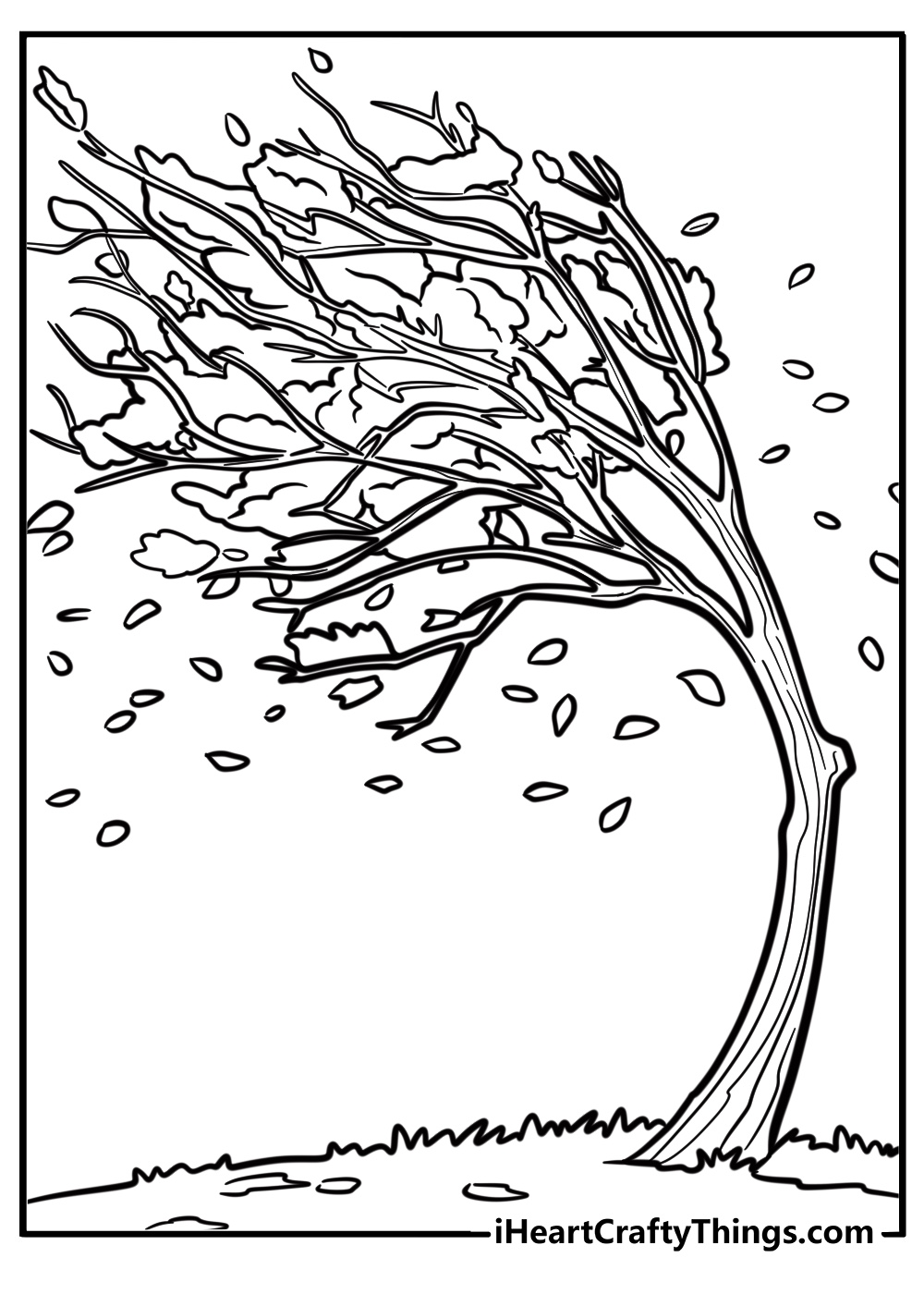 Tree in a windy scene with falling leaves coloring page