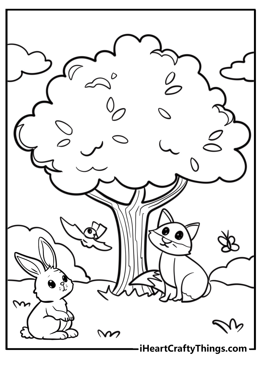 Tree with animals playing underneath coloring sheet