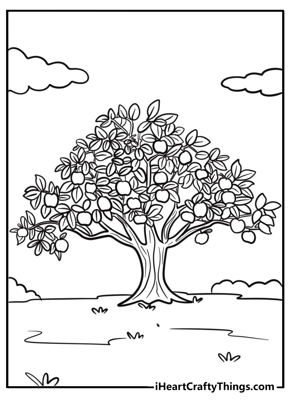 Tree with apples on the branches free coloring page pdf