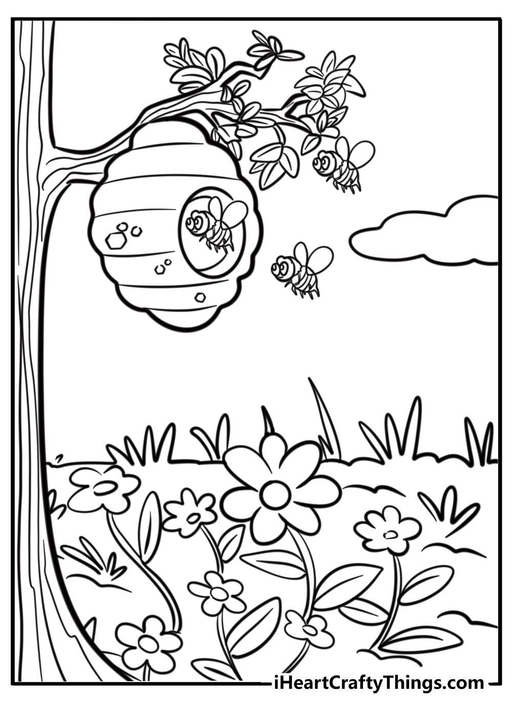 Tree with bees buzzing around the flowers coloring sheet