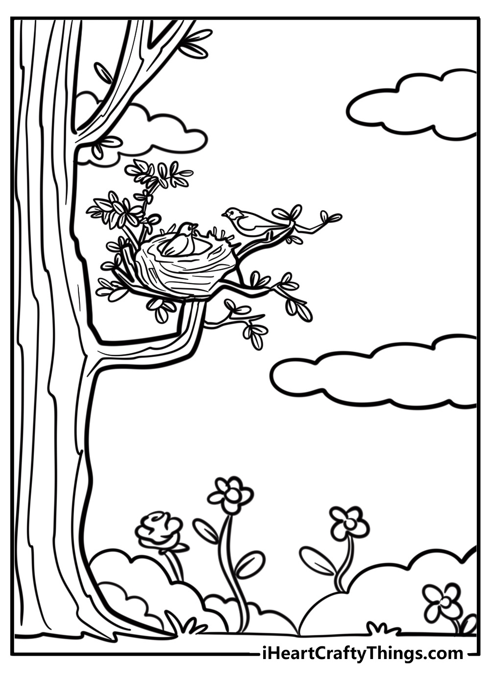 Tree with flowers and a bird nest coloring page