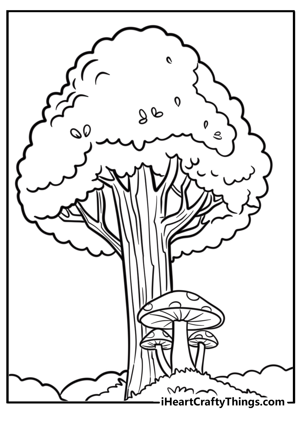 Tree with mushrooms growing at the base fun coloring sheet