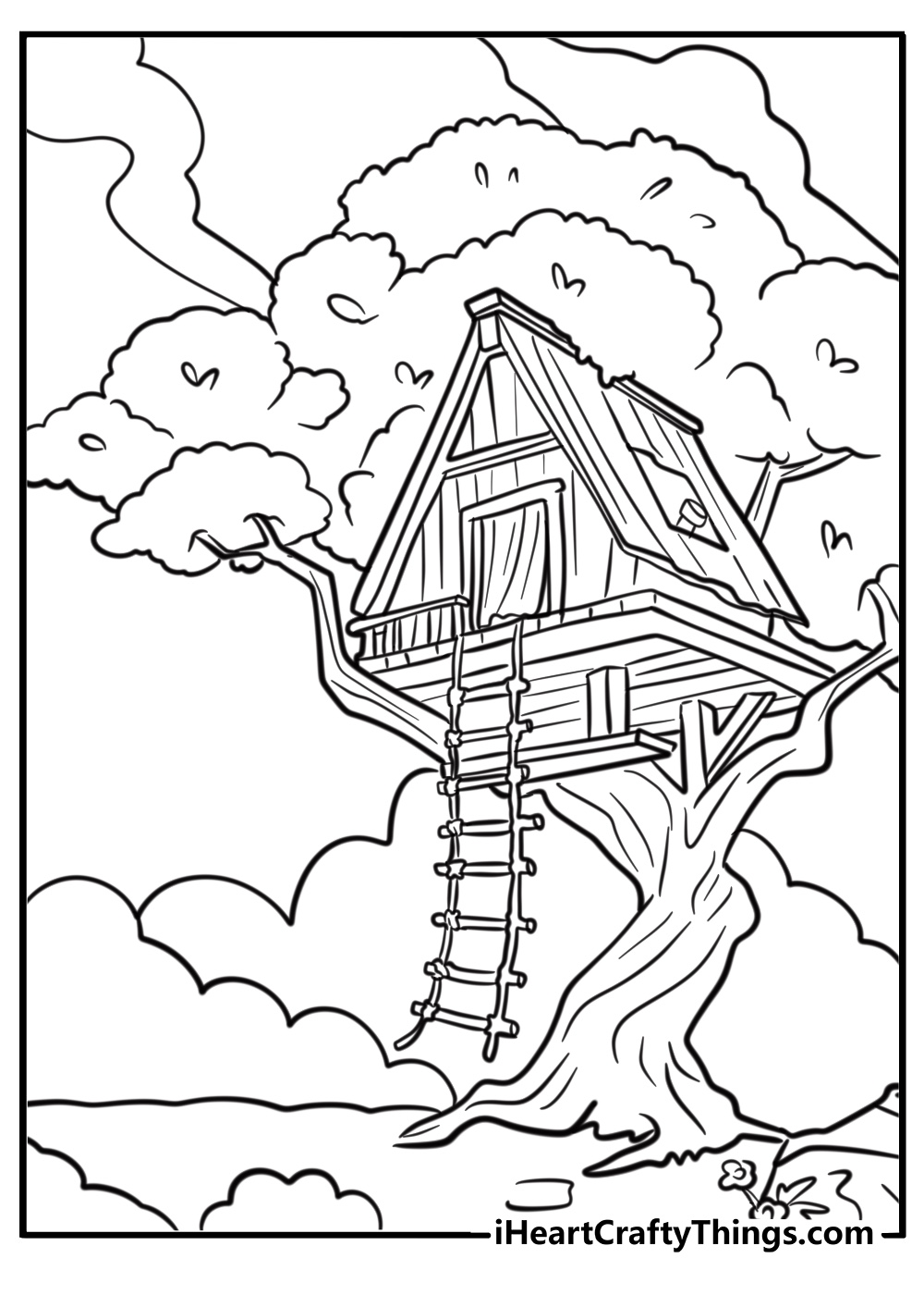 Treehouse built on a sturdy tree branch fun coloring page