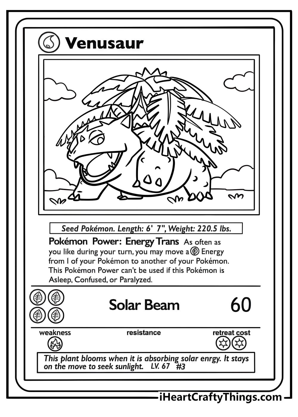 Venusaur pokemon card with a blooming flower coloring page