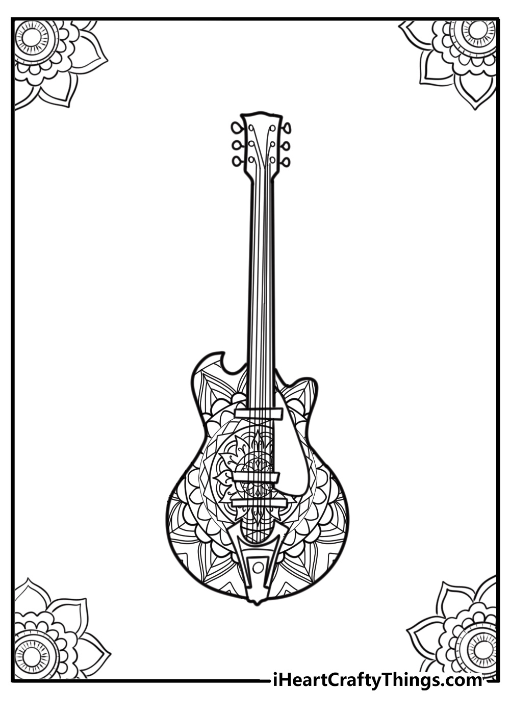 Vintage guitar with intricate patterns detailed coloring sheet