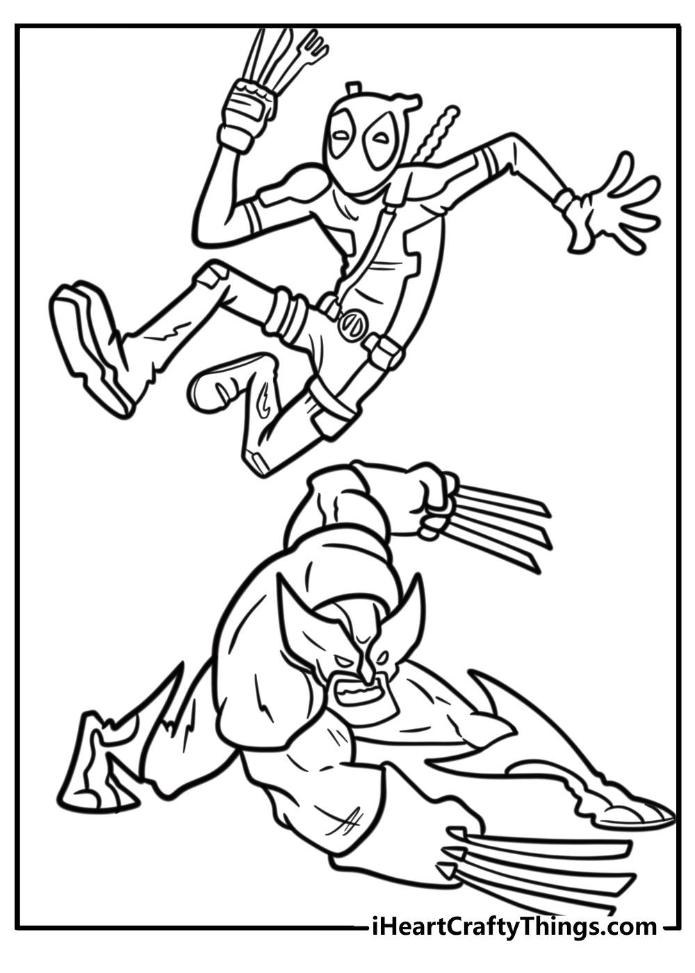 Wolverine and deadpool in a humorous scene free coloring page pdf