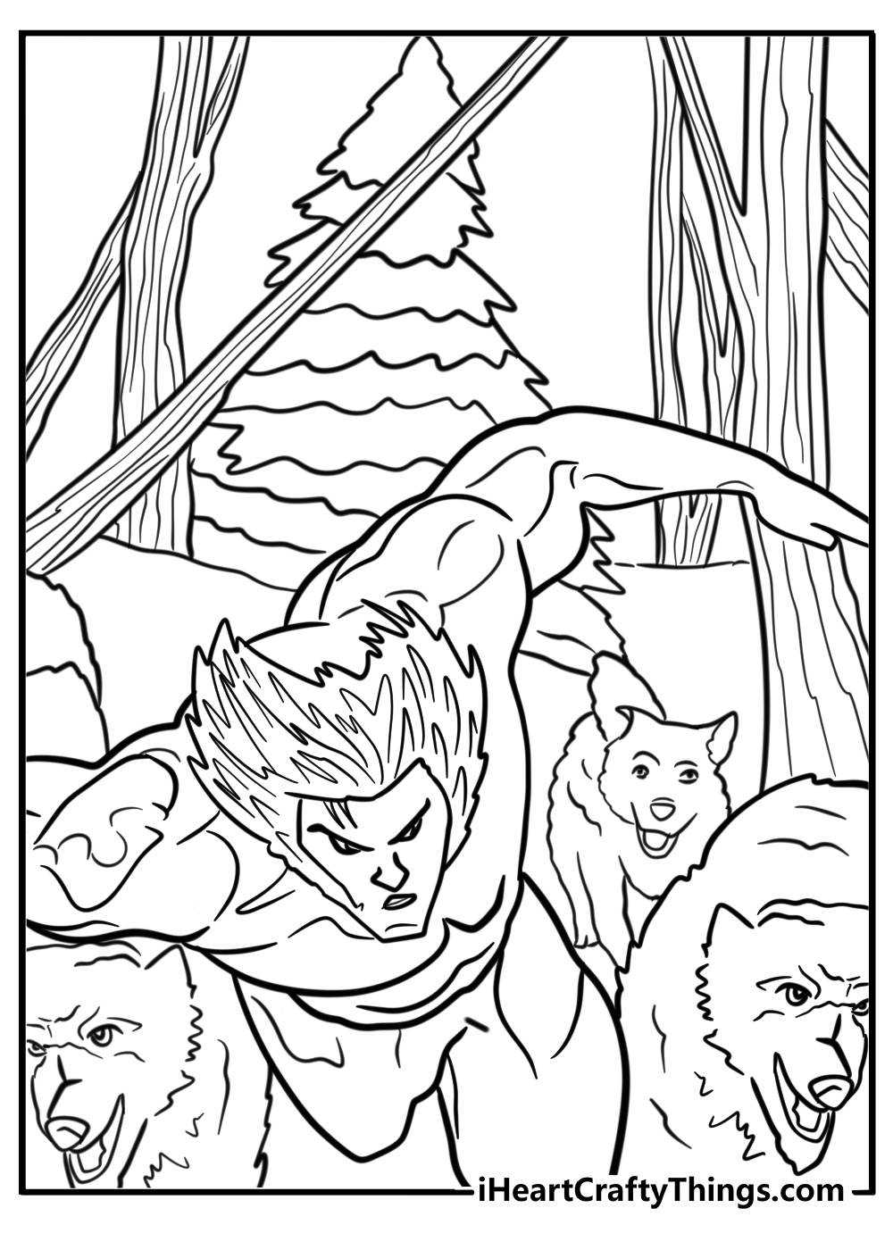 Wolverine fighting a pack of wild wolves printable coloring page