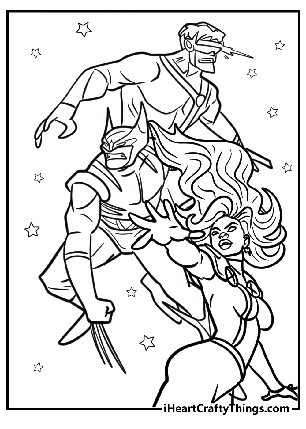 Wolverine fighting alongside storm and cyclops coloring page