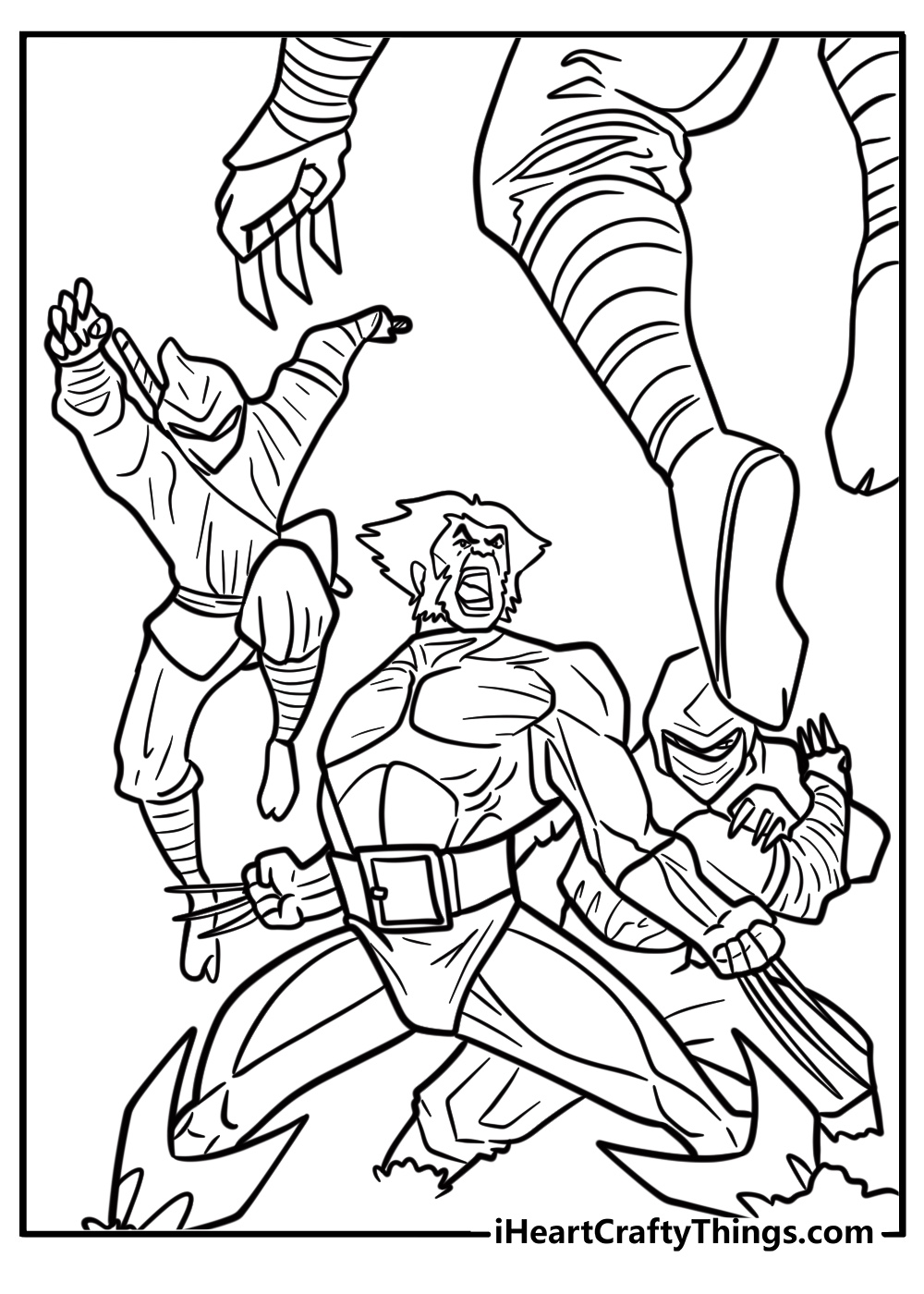 Wolverine in a battle against ninjas free printable coloring page