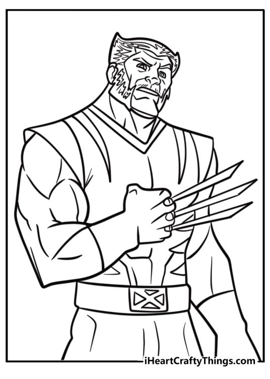 Wolverine in a dramatic action pose with claws glowing coloring page