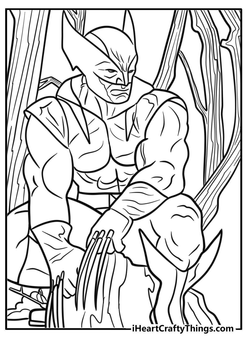 Wolverine in a forest tracking his enemies detailed coloring sheet