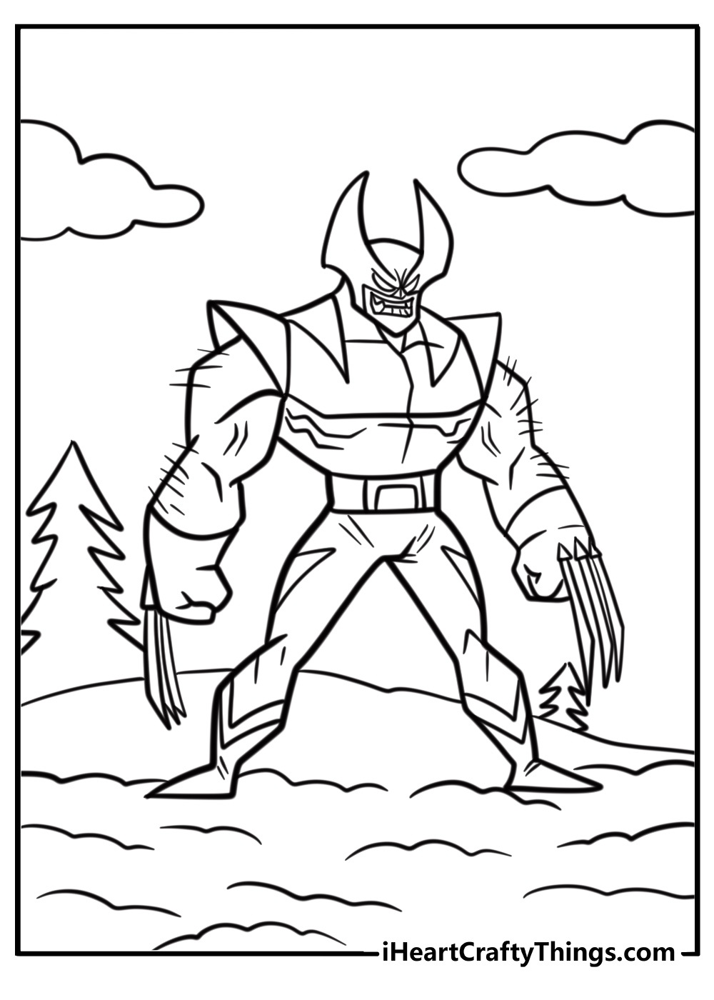 Wolverine standing in the snow with his claws out fun coloring sheet