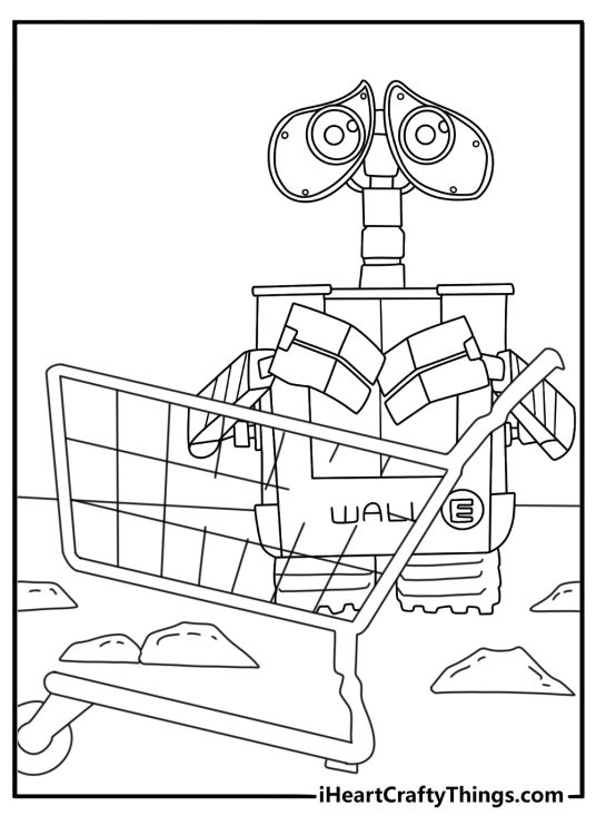 A broken shopping cart rolls beside Wall E in this cartoon coloring page