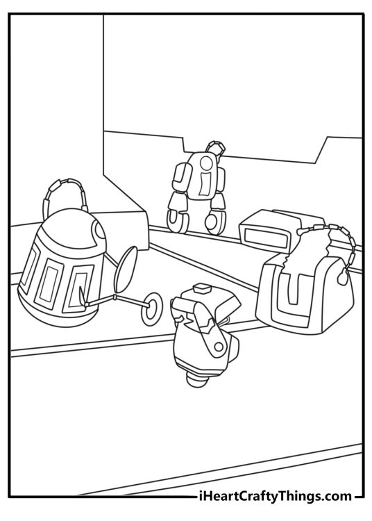 A group of repair robots fills this detailed coloring page