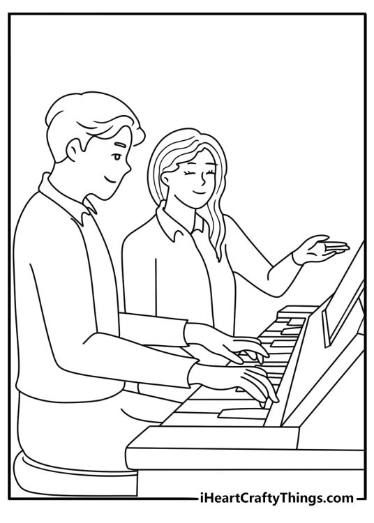 A music teacher plays piano while students follow sheet music