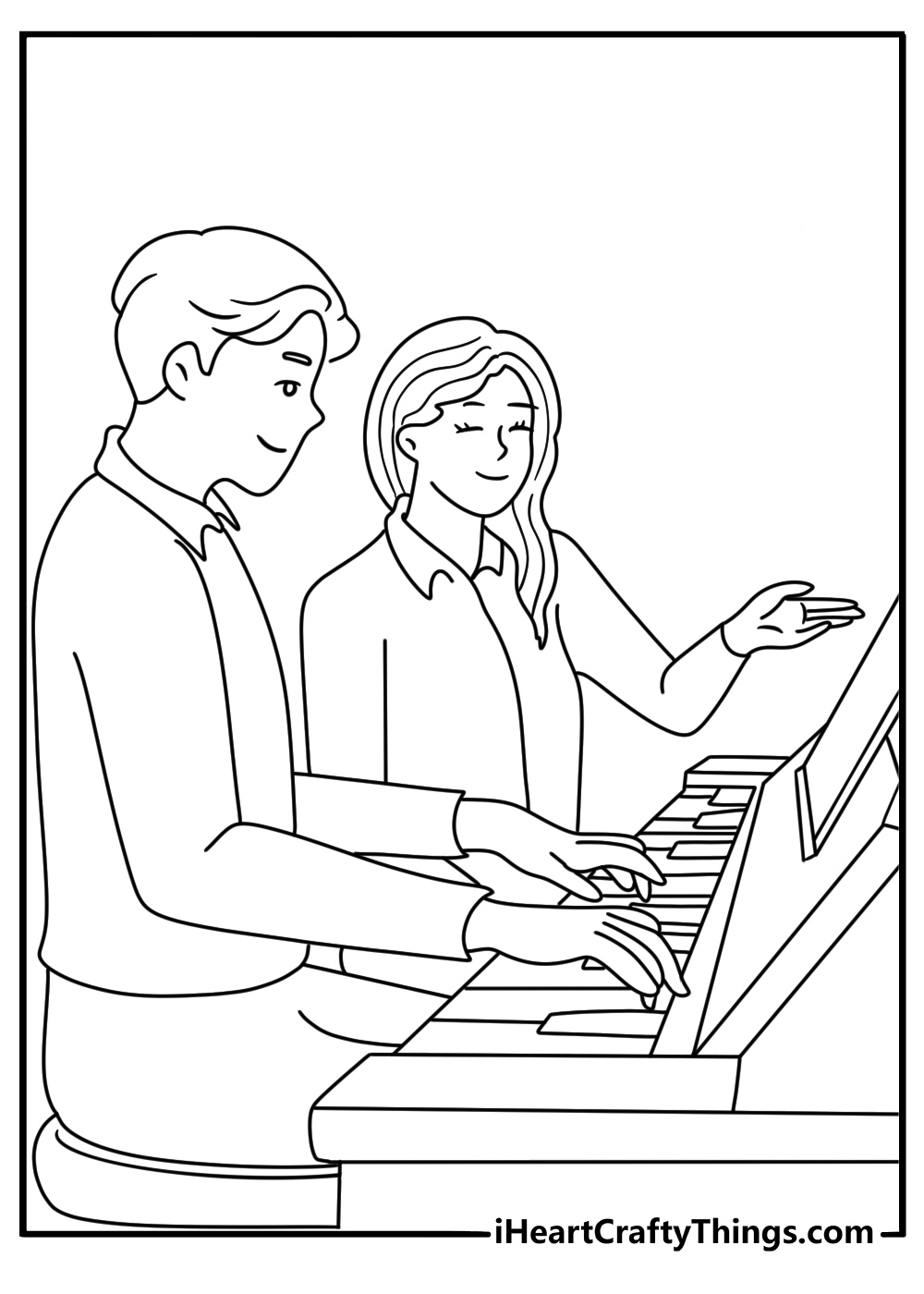 A music teacher plays piano while students follow sheet music