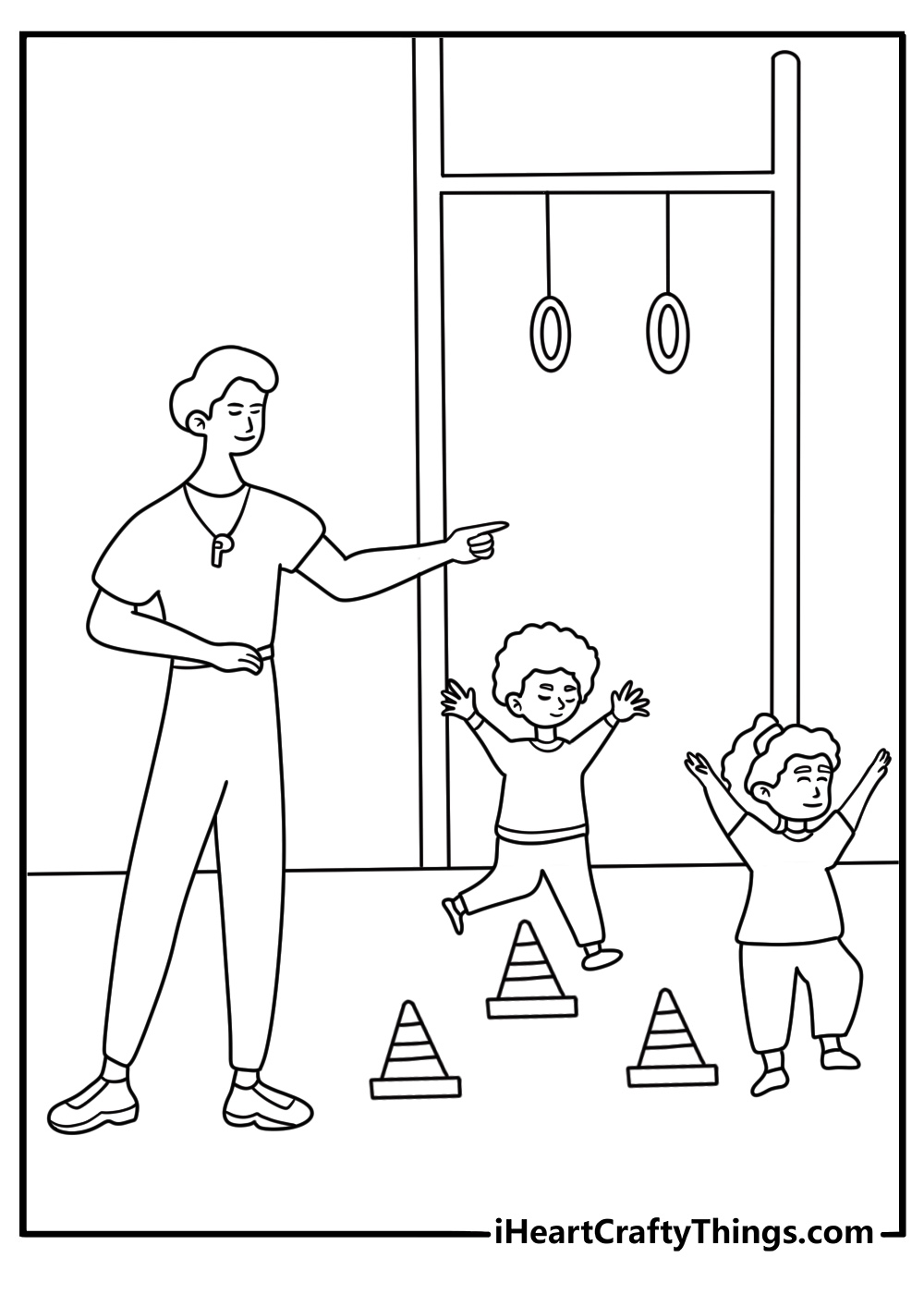 A physical education teacher sets out cones in the school gym