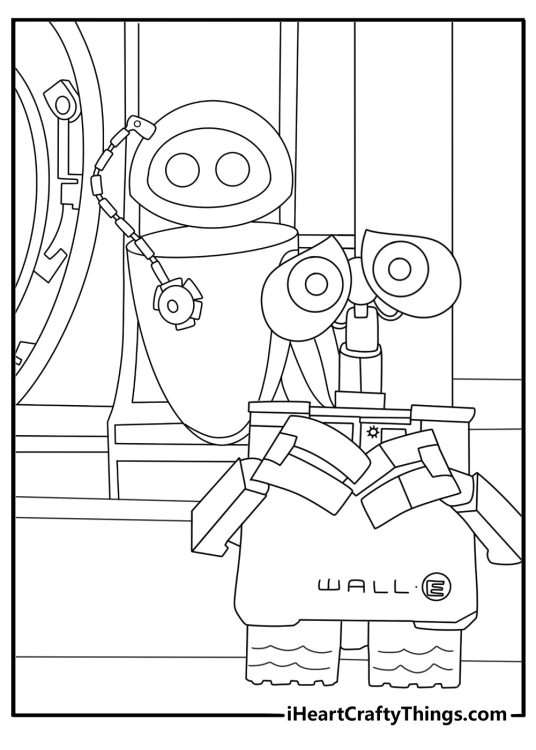 A repair station surrounds Wall E in this free Disney robot coloring sheet