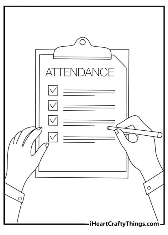 A simple coloring sheet shows a teacher checking the attendance list