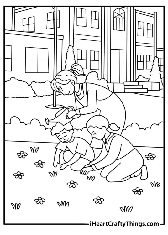 A teacher checks the school garden with a watering can in this free coloring page