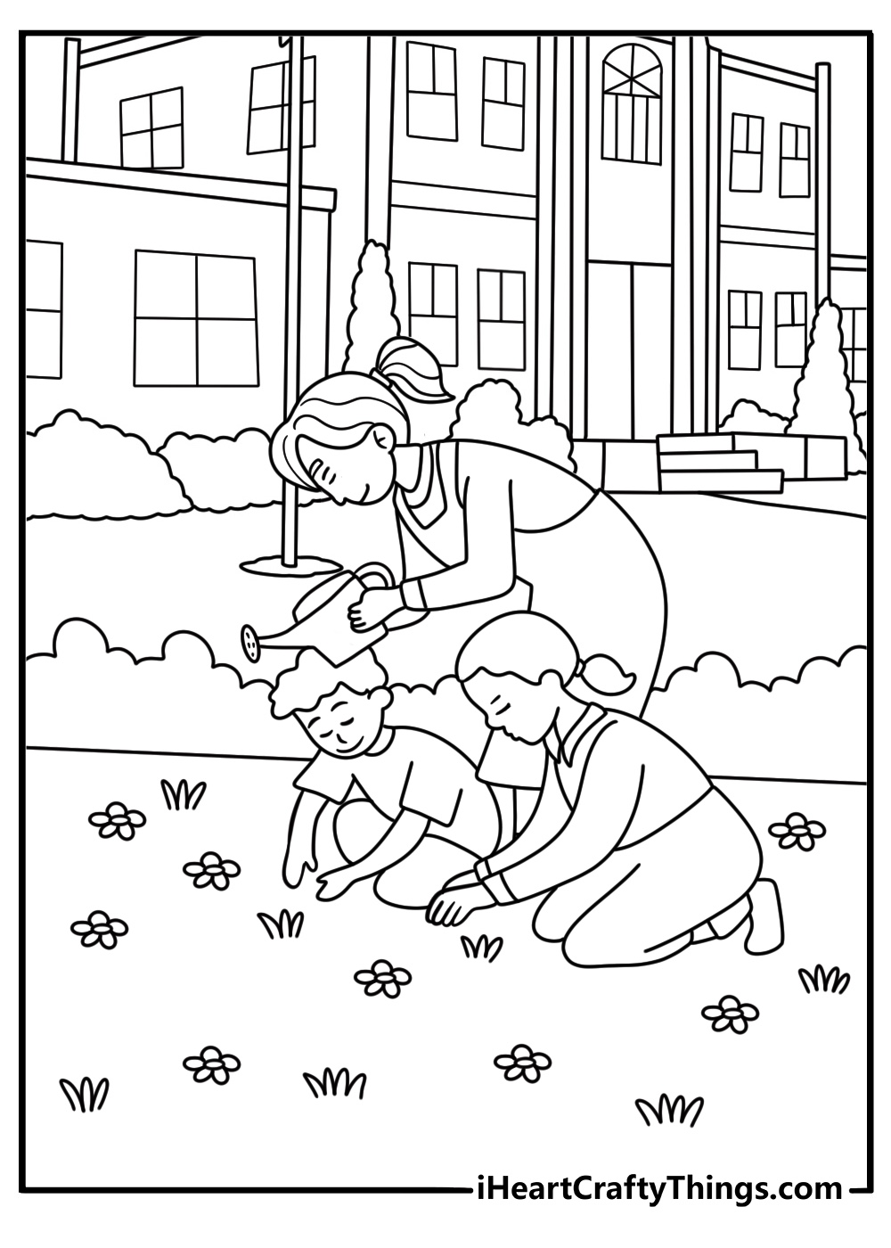 A teacher checks the school garden with a watering can in this free coloring page