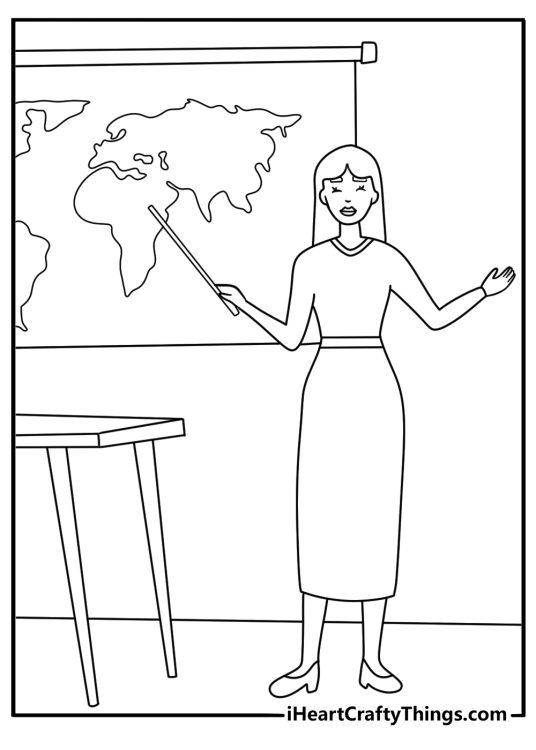 A teacher explains a map during geography in this easy coloring sheet