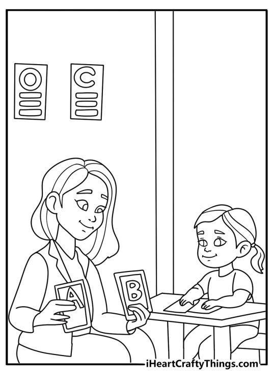A teacher uses letter cards during a reading lesson in this coloring page