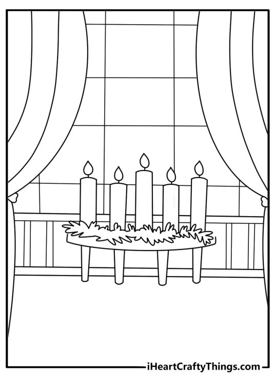 Advent wreath near a church window cute kawaii coloring sheet